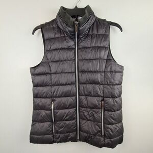 Tahari Womens Black Hybrid Puffer Vest S Knit Back Zip Mock Neck Mixed Media